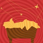 A manger on a red spiral background