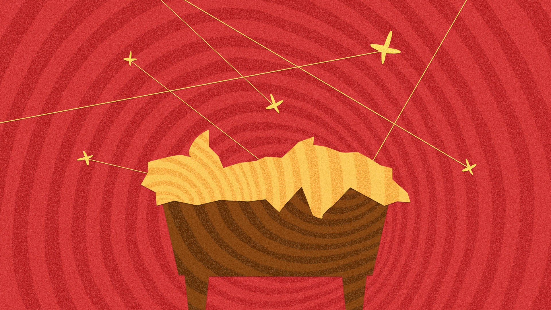 A manger on a red spiral background