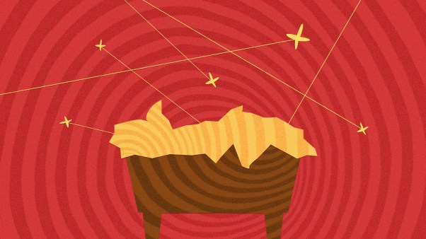 A manger on a red spiral background