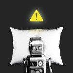 A robot lying on a pillow with an error message.