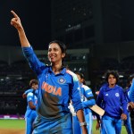 Jemimah Rodrigues celebrating victory in the ICC Women's Cricket World Cup 2025 Semi-Final match.