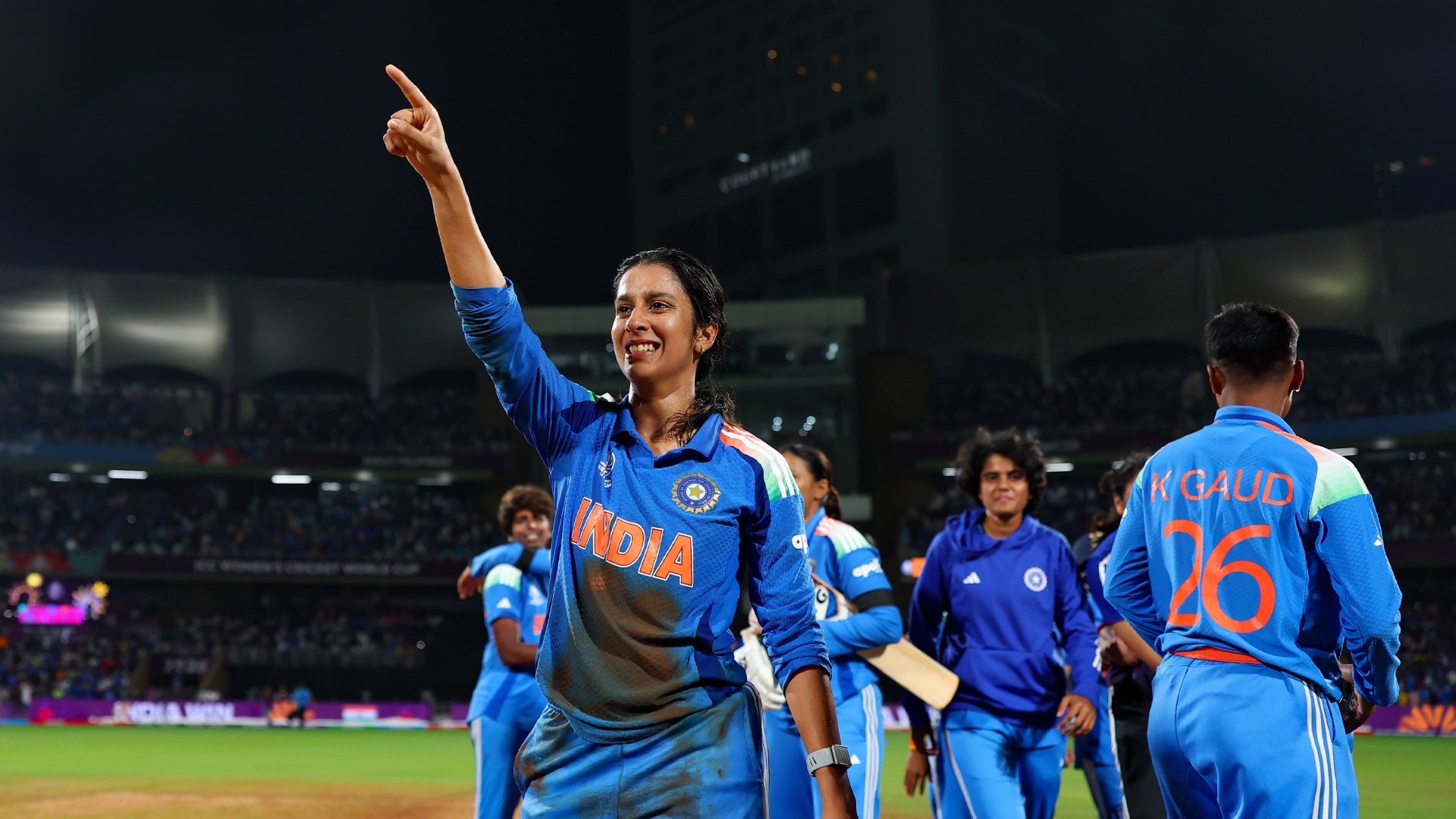 Jemimah Rodrigues celebrating victory in the ICC Women's Cricket World Cup 2025 Semi-Final match.