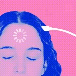 A girl with a charging cord and loading sign.