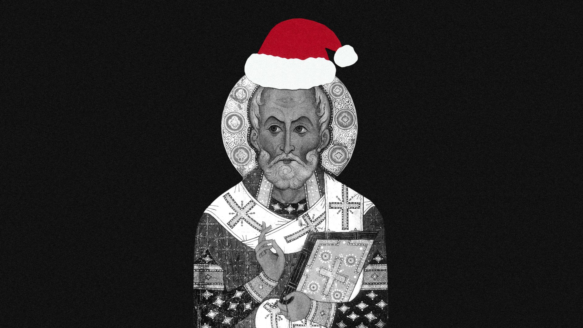 A Saint Nicholas icon with a Santa hat on.