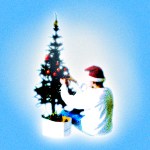 A teenage boy decorating a Christmas tree.