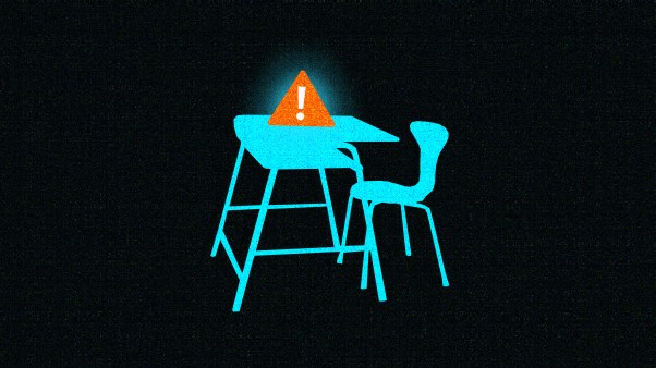 A school desk and an error icon.