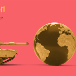 A globe in the center, on the left is an army tank and on the other side is a donkey with a palm branch.