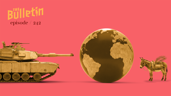 A globe in the center, on the left is an army tank and on the other side is a donkey with a palm branch.