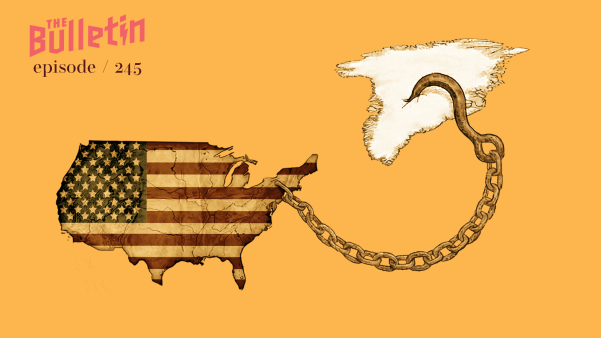 On a world map, a chain reaches from the United States and hooks into Greenland.