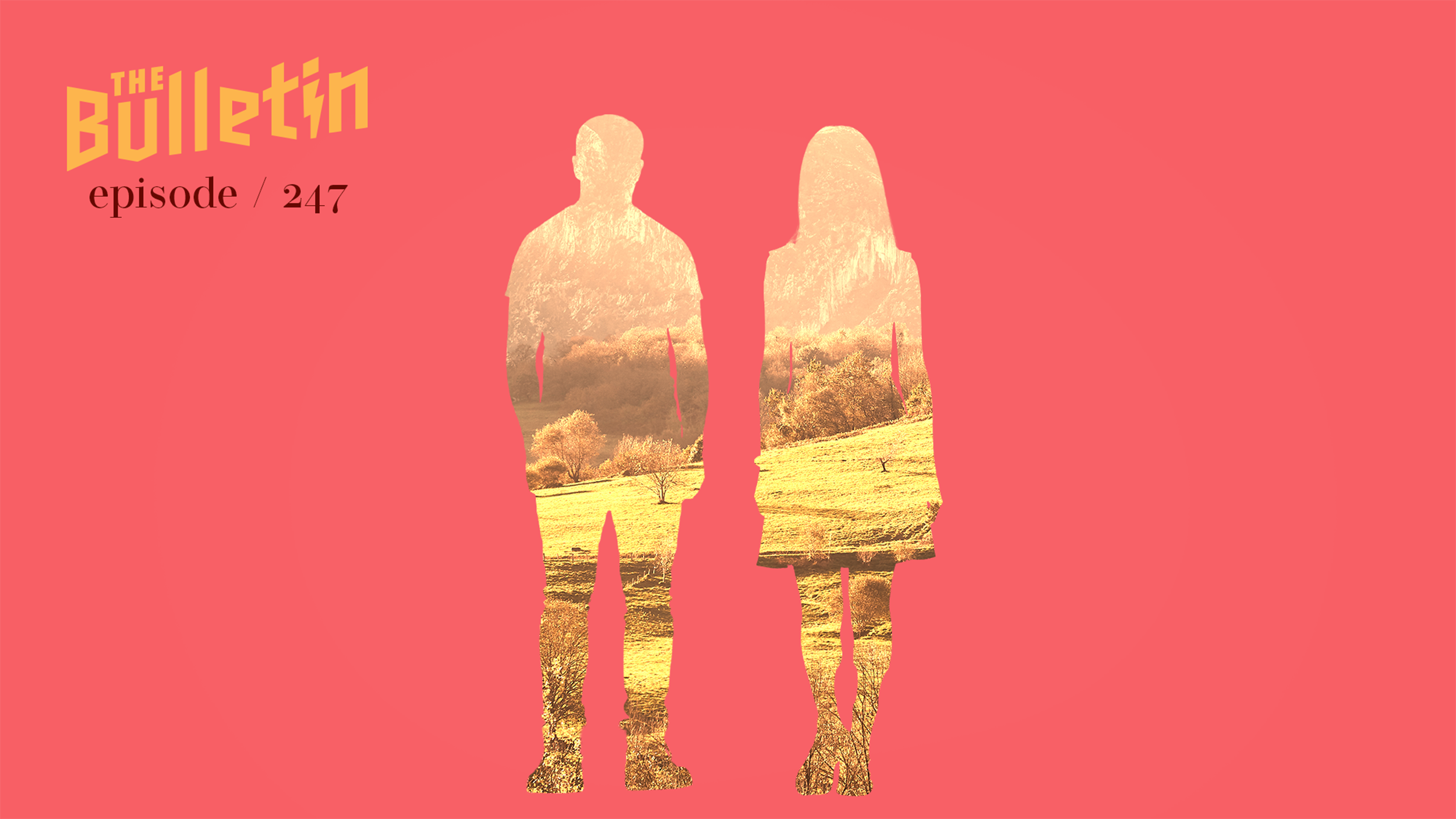 The silhouette of a man and a woman with a landscape in the background.