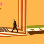 President Trump walking left on the backdrop of an American flag, walking away from a Syrian flag.