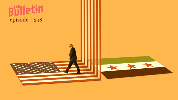 President Trump walking left on the backdrop of an American flag, walking away from a Syrian flag.
