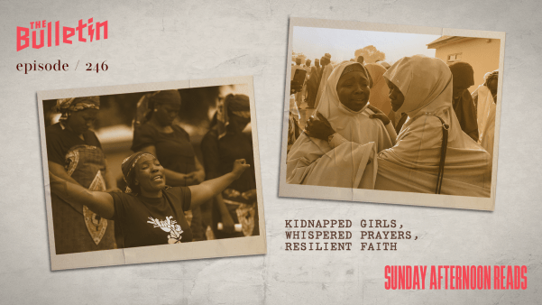 Two photos of women from Chibok, Nigeria. In one, a woman is holding her arms out and praying. In the other there are two girls comforting each other.
