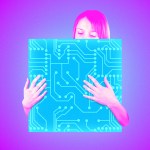 A woman hugging a computer chip