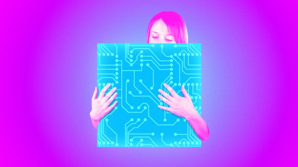A woman hugging a computer chip