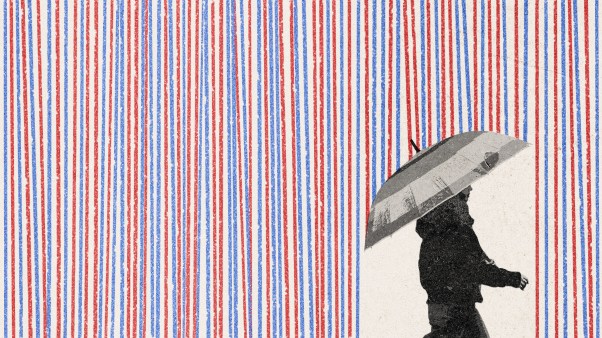 A person holding umbrella under red and blue rain.