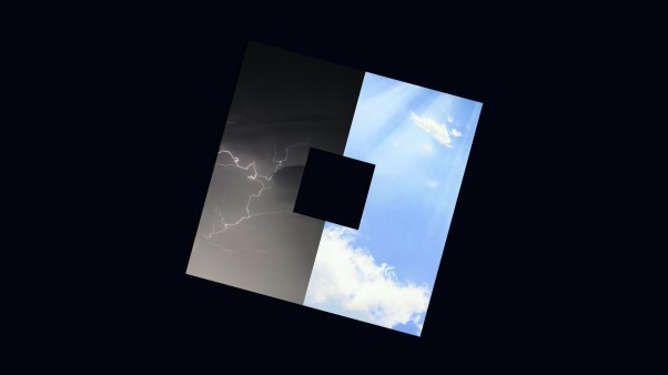 A Roblox logo that is half sunny and half dark clouds.