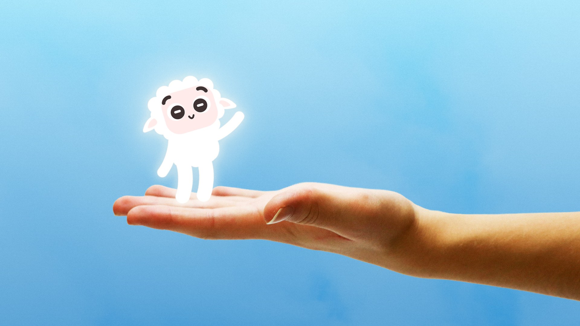 A hand holding the sheep character from Creed's AI app.