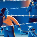 An illustration of an immigrant woman and her daughter amid barbed wire, being watched by a police officer.