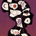 An illustration of a woman’s silhouette filled with various icons, such as a sun, a globe, a serpent, a Bible, and others.