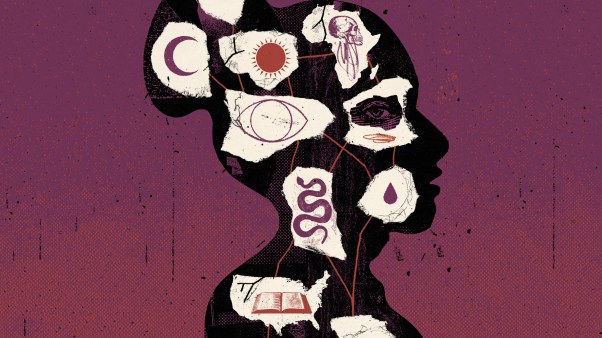An illustration of a woman’s silhouette filled with various icons, such as a sun, a globe, a serpent, a Bible, and others.