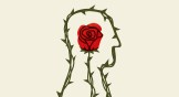 An illustration of a man’s silhouette formed by branches and thorns, with a red rose at the center of the image.