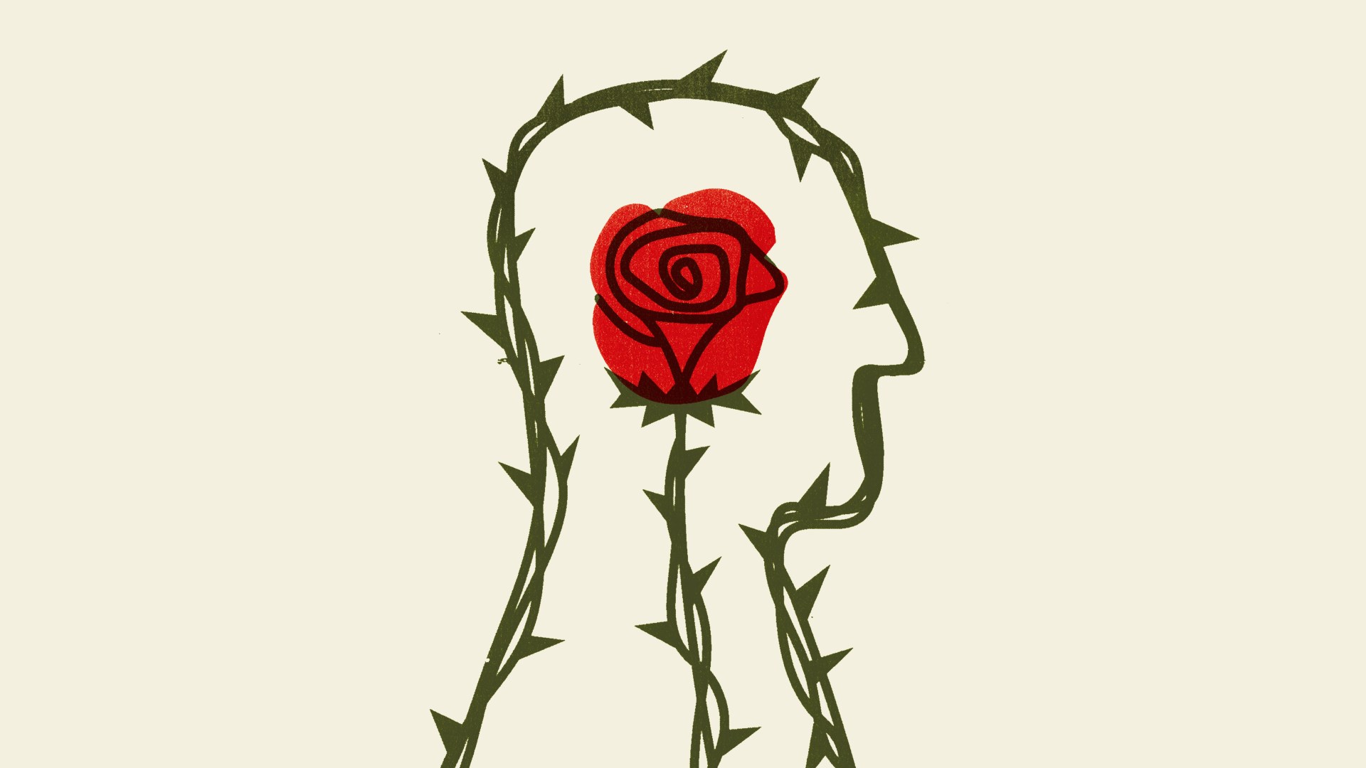 An illustration of a man’s silhouette formed by branches and thorns, with a red rose at the center of the image.