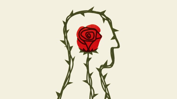 An illustration of a man’s silhouette formed by branches and thorns, with a red rose at the center of the image.