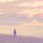 A dotted illustration of a person standing alone in a field, looking toward the horizon.