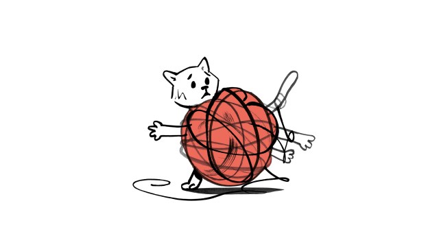An illustration of a cat curled up in a ball of yarn.