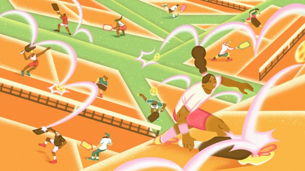 An illustration of several people playing pickleball.