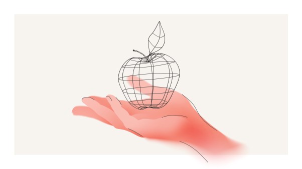 An illustration of an open hand with a line-art apple drawn over the palm of the hand.