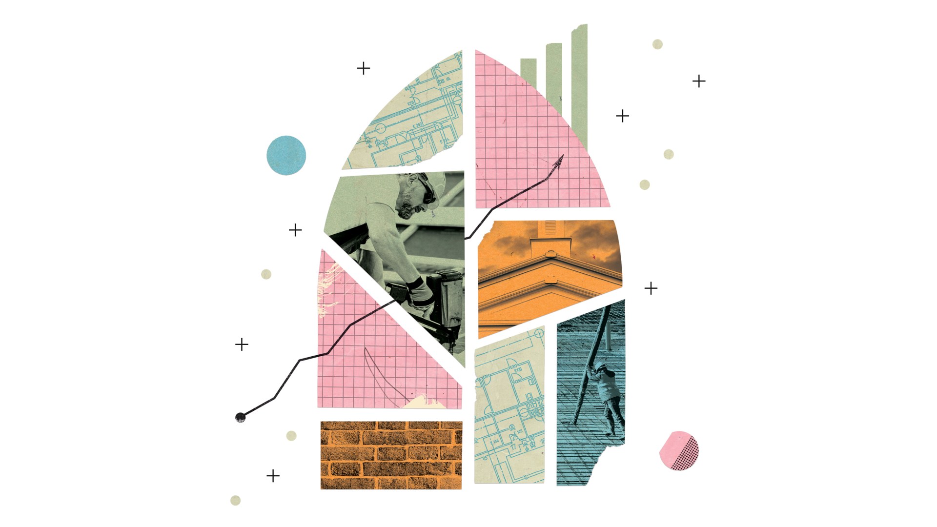 A digital collage featuring buildings and construction workers.