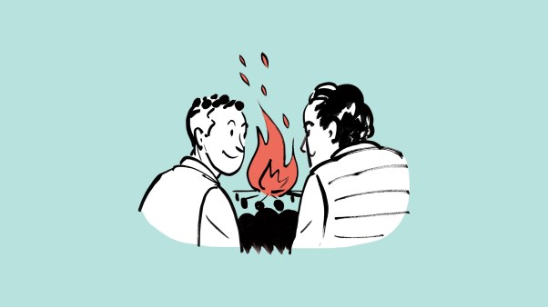 An illustration of two friends among a group of people gathered around a campfire.
