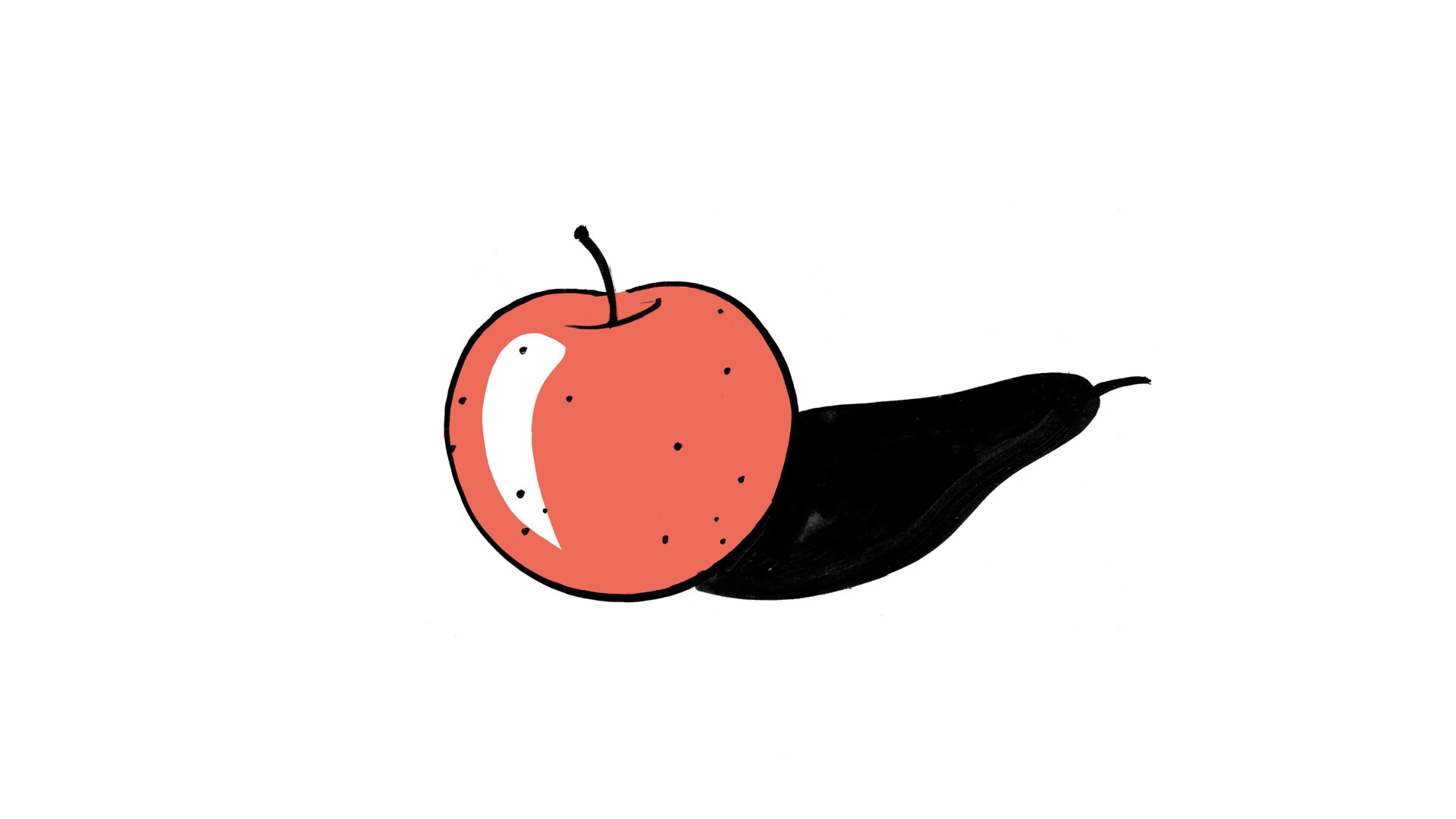 An illustration of an apple casting a pear-shaped shadow.