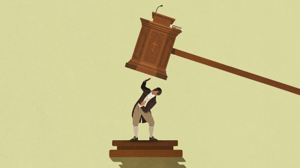 An illustration of a man about to be struck by the gavel of justice, shaped like a church pulpit.