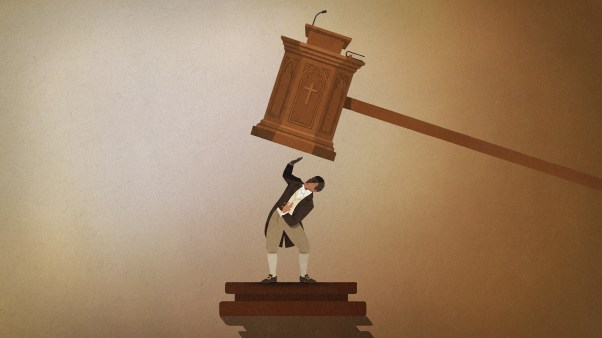 An illustration of a man about to be struck by the gavel of justice, shaped like a church pulpit.