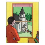 An illustration of a man inside an apartment, looking out the window at people going to church.