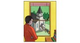 An illustration of a man inside an apartment, looking out the window at people going to church.
