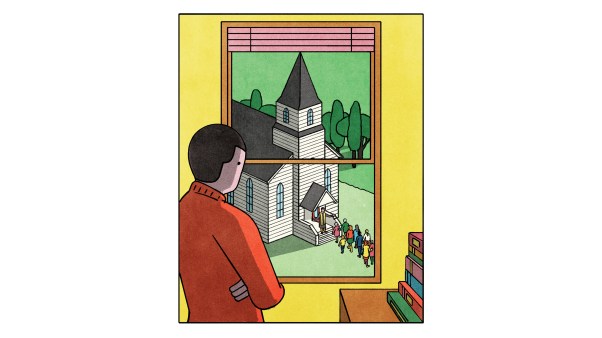 An illustration of a man inside an apartment, looking out the window at people going to church.