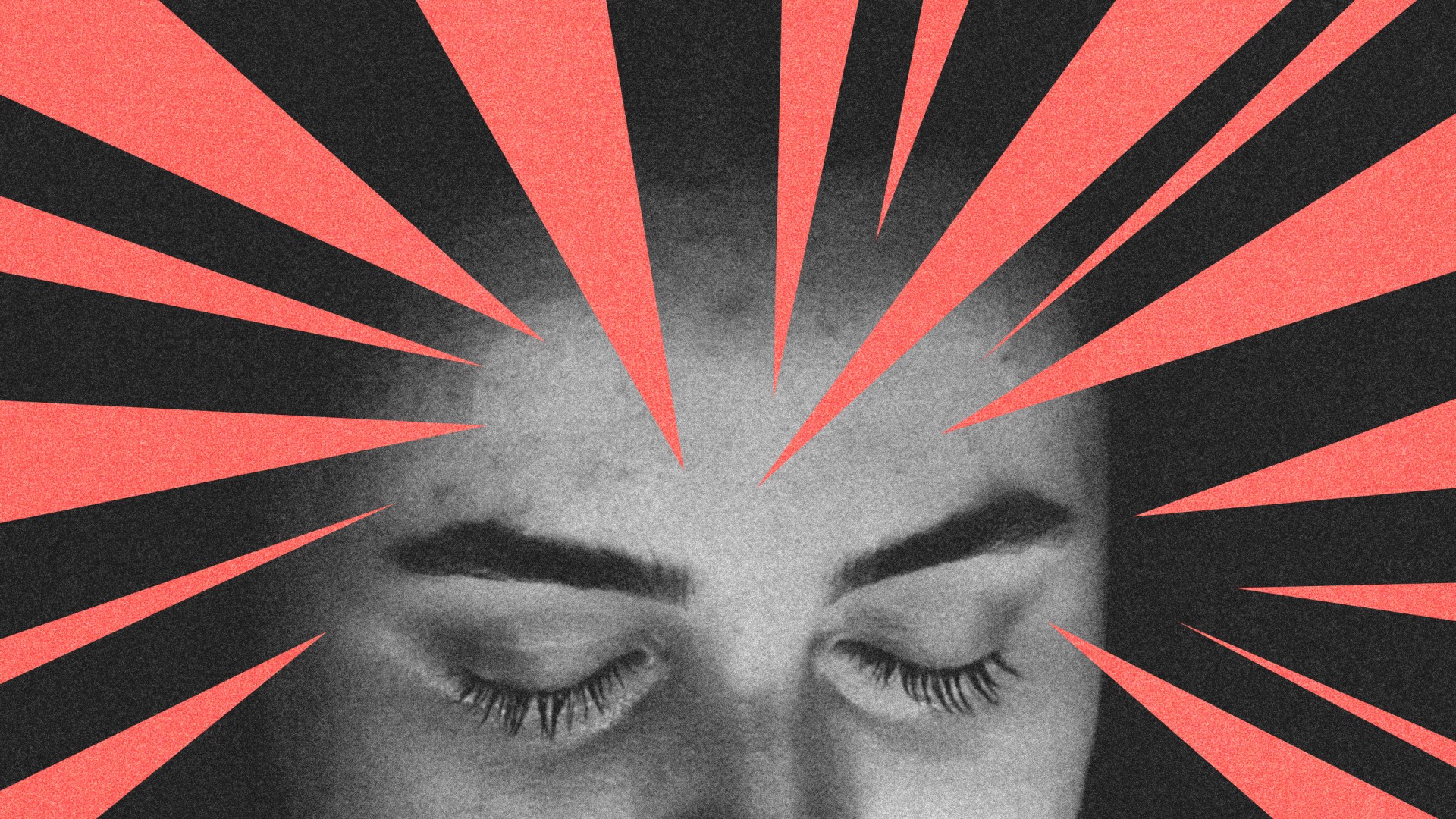 A woman's forehead with several sharp red triangles pointing at it.