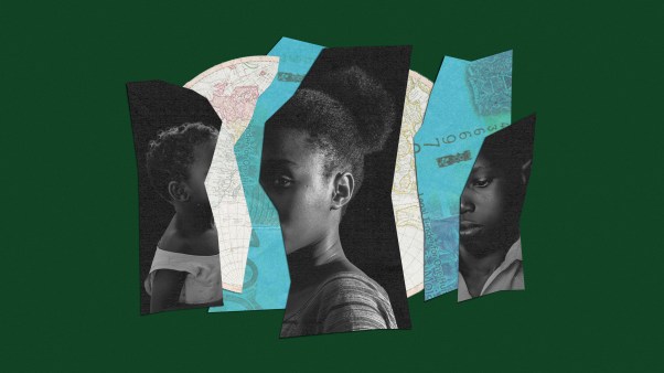 A collage of a Kenyan woman and children, a world map, and Kenyan currency.