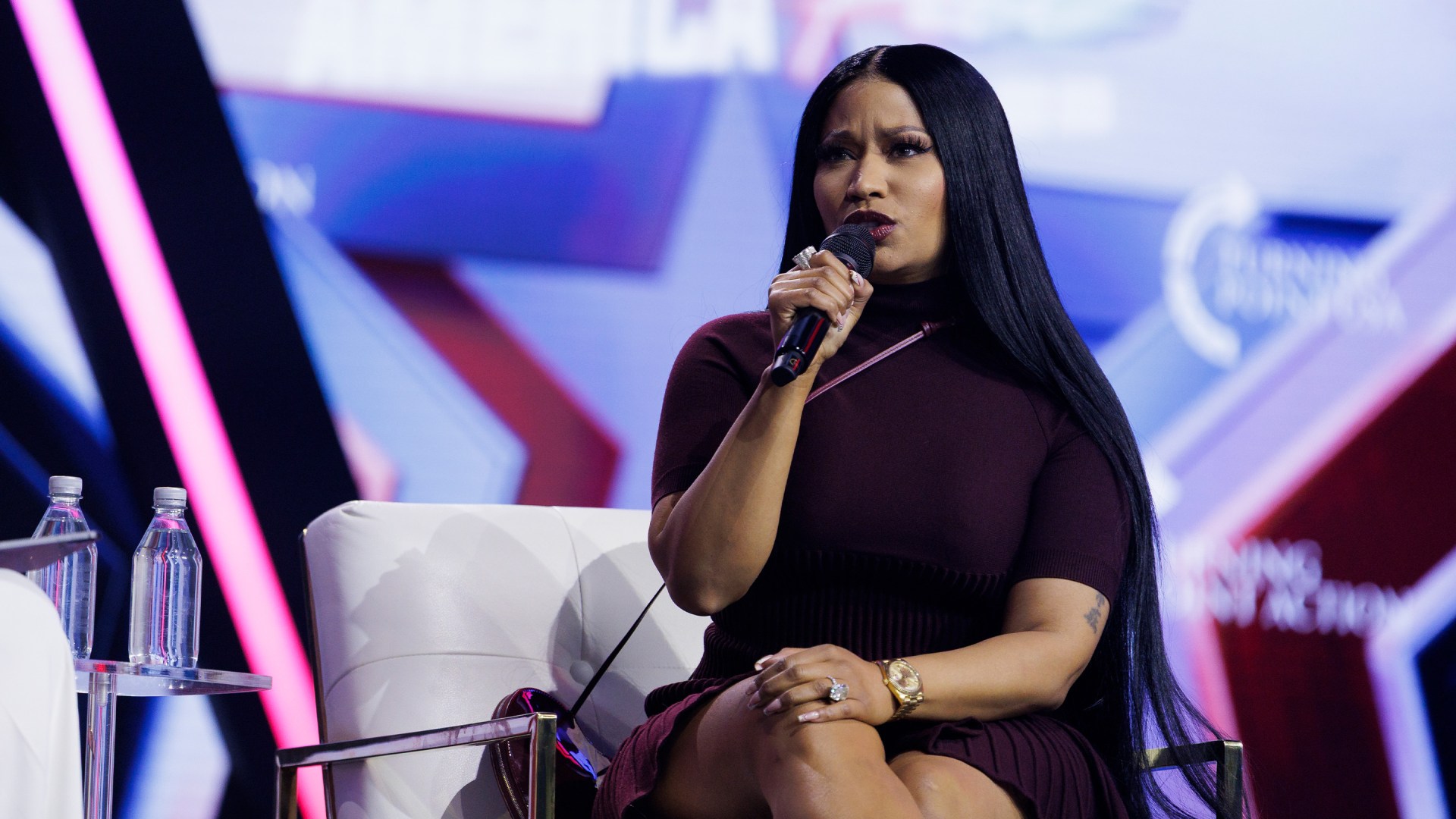 Nicki Minaj being interviewed by Erika Kirk at Turning Point USA's annual AmericaFest conference in Phoenix, Arizona on December 21, 2025.