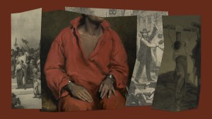 Artwork showing slavery in the United States and persecution of Jews by Romans in the Bible.