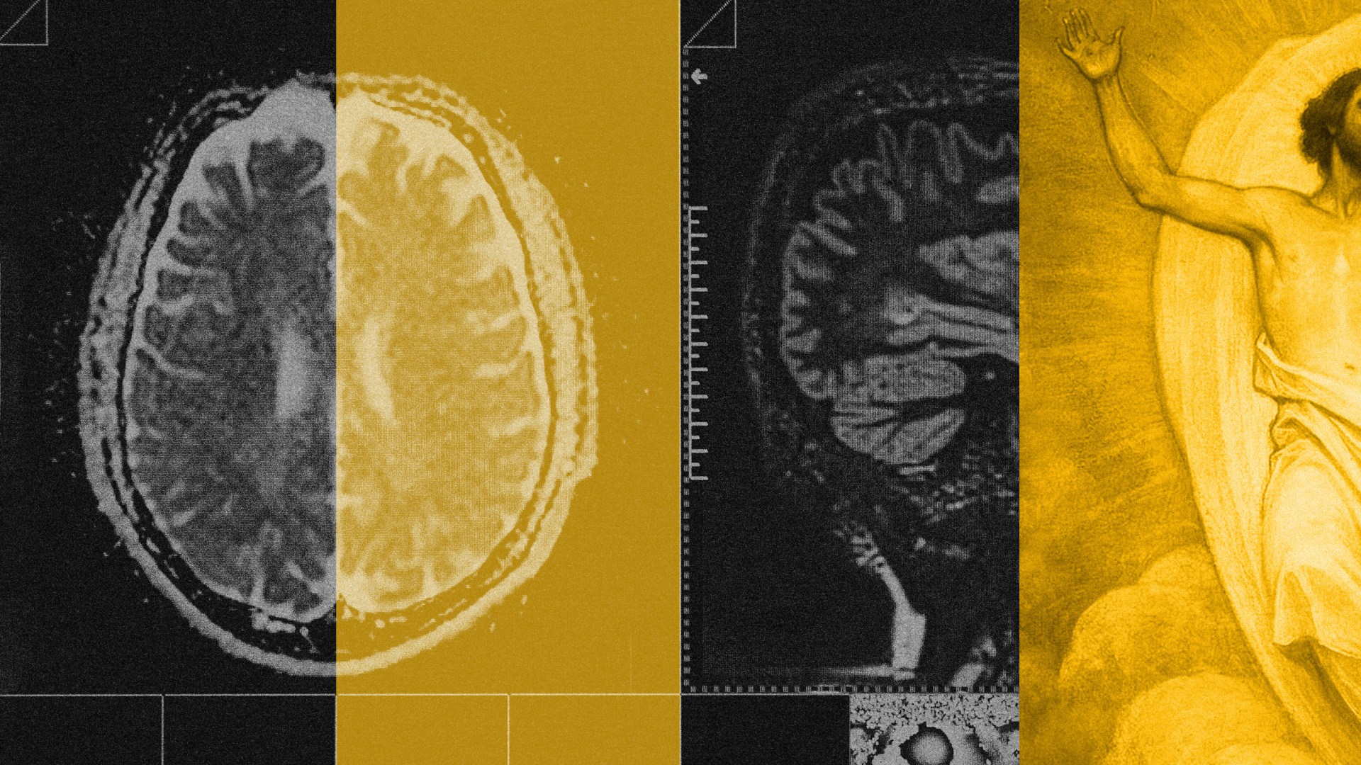 A collage of brain scans and an image of Jesus ascending to heaven.