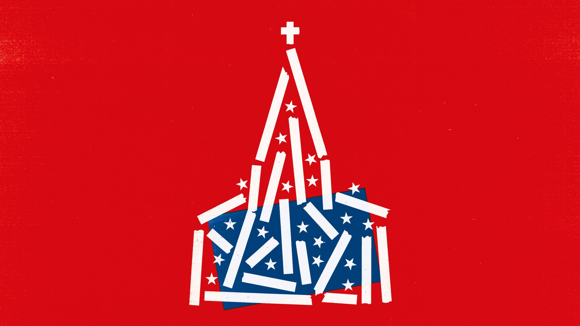 A vanishing church made with elements from the American flag.