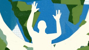 A paper cut out collage of a figure reaching up and pieces of a globe.