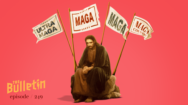 A painting of Jesus looking dejected, surrounded by MAGA flags.