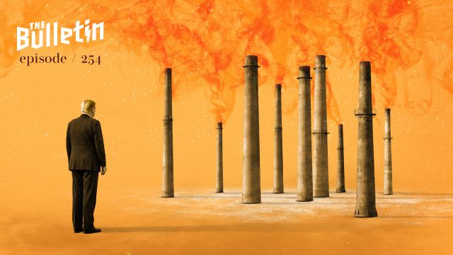 President Trump looking upon smokestacks.