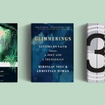 Three books on a green background.